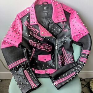 Pink and Black Vegan Leather Studded Moto Jacket